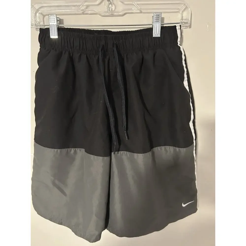 Nike Mens Swim Trunks Black Grey Colorblock‎ Board Shorts Swoosh NESSA560
